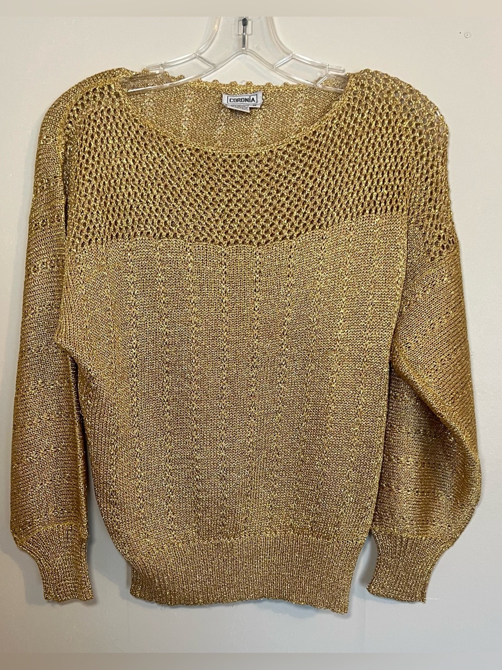Vintage Coronia Shimmery Gold Open-Weave Yoke Crewneck Sweater